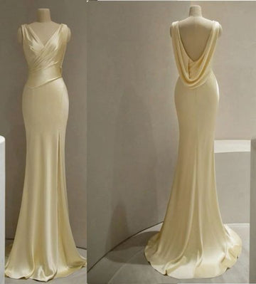 Mermaid V Neckline Satin Yellow Long Prom Dresses Formal Evening Dress SD1504 HZ0628